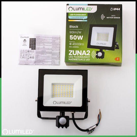 Proiector Led Zuna2 50w 4500lm 6500k Ip44 Negru Senzor de Mișcare Lumiled