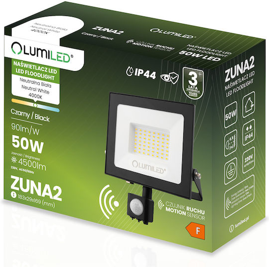 LED Flood Light Zuna2 50W 4500lm 4000K IP44 Black Motion Sensor Lumiled