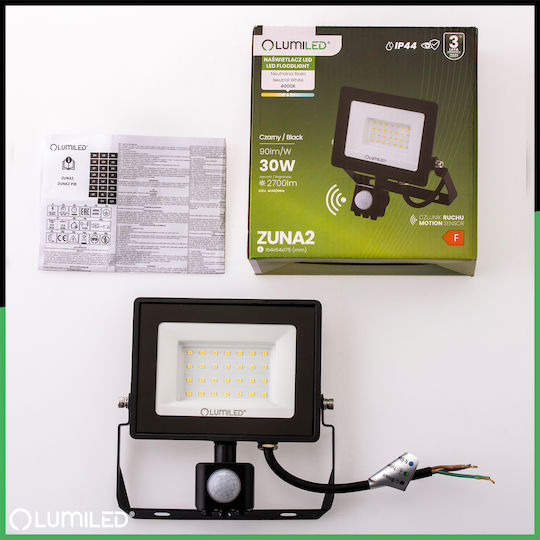 LED Прожектор Zuna2 30W 2700Lm 4000K IP44 Черен Сензор за Движение Lumiled