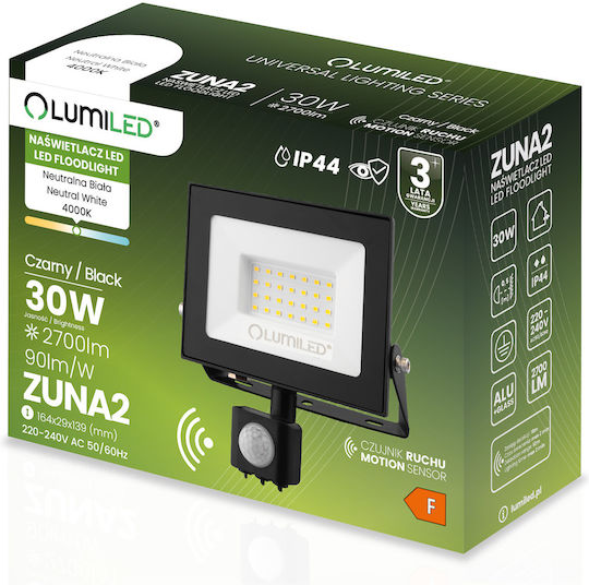 LED Прожектор Zuna2 30W 2700Lm 4000K IP44 Черен Сензор за Движение Lumiled