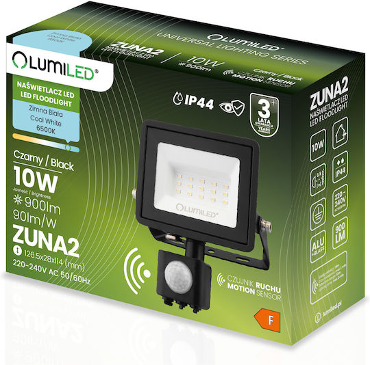 LED Flutlichter Zuna2 10W 900lm 6500K Ip44 Schwarzer Bewegungssensor Lumiled