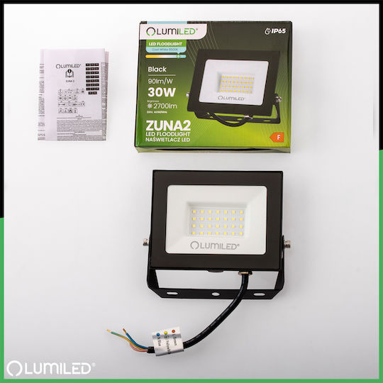 Προβολέας Led Zuna2 30w 2700lm 6500k Ip65 Μαύρος Φωσφορικός
