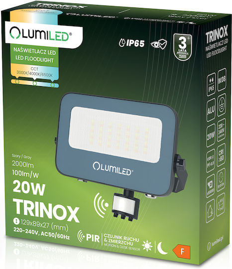 Προβολέας Led Trinox 20w 2000lm Cct Ip65 Γκρι Αισθητήρας Κίνησης Λυκόφωτος Lumiled