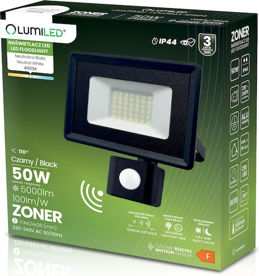 LED Flutlichter Zoner 50W 5000lm 4000K Ip44 Schwarzer Bewegungssensor Lumiled