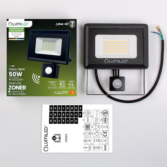 LED Flutlichter Zoner 50W 5000lm 4000K Ip44 Schwarzer Bewegungssensor Lumiled