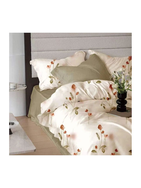 Pucioasa Set Huse Pentru Pilote 200x220cm Dublă Cu 2 Fețe De Pernă & 1 Cearșaf Flori Culoarea Cărămizii