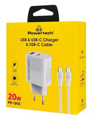 Powertech USB-A and USB-C Port Charger and USB-C Cable 20W Power Delivery / Quick Charge 3.0 White (PT-1635)
