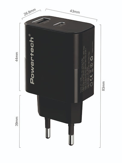 Powertech GaN Charger with USB-A Port and USB-C Port and USB-C - USB-C Cable 30W Quick Charge 2.0 / Quick Charge 3.0 Black (PT-1638)