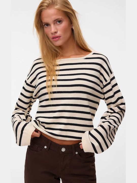 Vero Moda Women's Cotton Sweater with Smile Neckline Striped Birch/Black Stripes