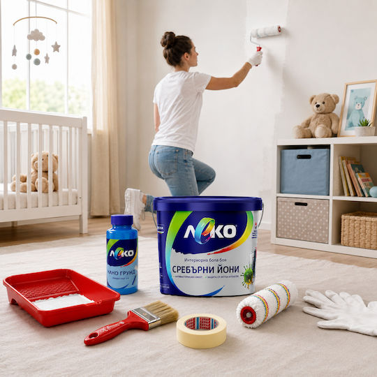 Комплект За Ремонт На Стая До 15 М² Leko Healthy Living 15 Бяла Латексова Праймър Сребърни Йони Аксесоари