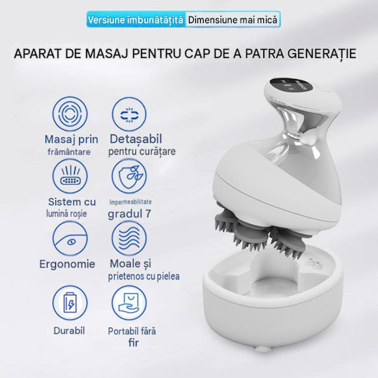 Arvada Beautypro Dispozitiv de Masaj pentru Scalp EMS Vibrații Lumină Roșie Baterie de 1200 mAh Încărcare USB-C Rezistent la Apă Alb