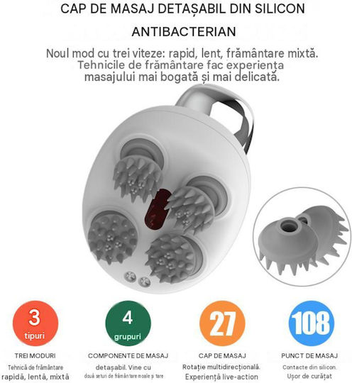 Arvada Beautypro Dispozitiv de Masaj pentru Scalp EMS Vibrații Lumină Roșie Baterie de 1200 mAh Încărcare USB-C Rezistent la Apă Alb