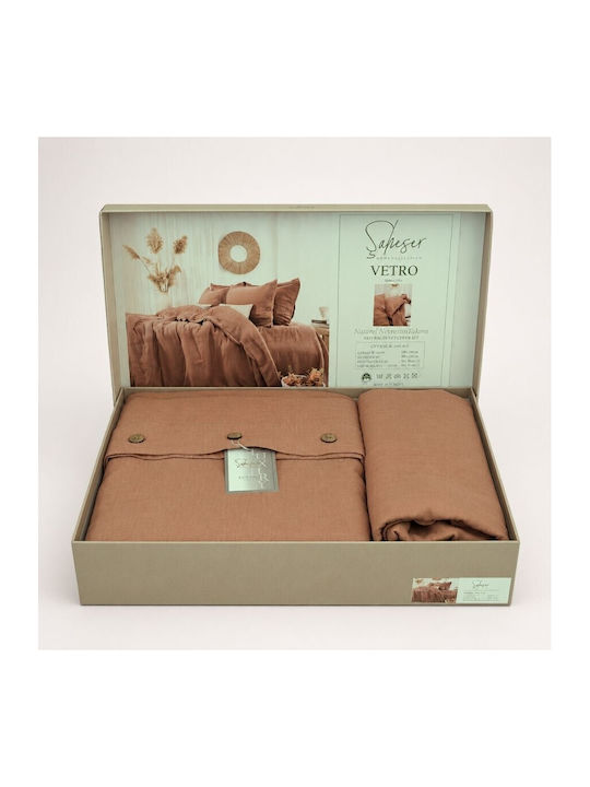 Şaheser Set Huse Pentru Pilote 100% Bumbac 200x220cm Dublă Cu 4 Fețe De Pernă & 1 Cearșaf Maro
