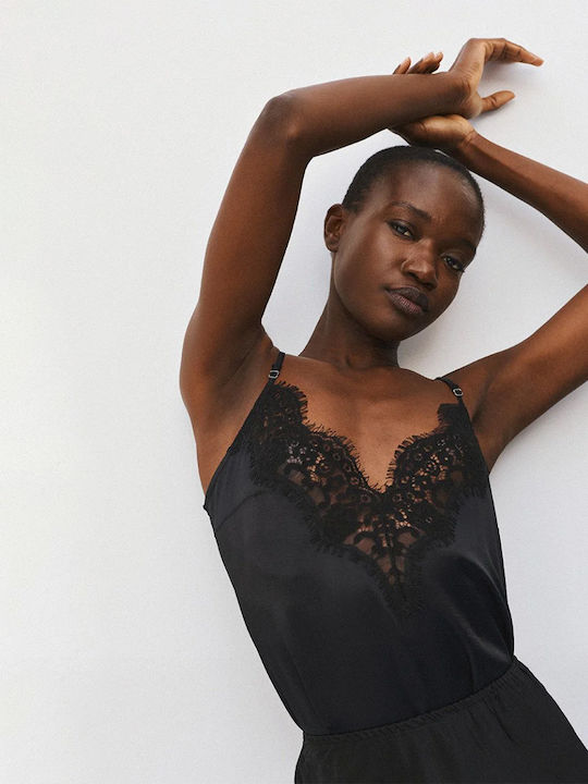 Damen Satin Unterwäsche Top mit Spitze Schwarz