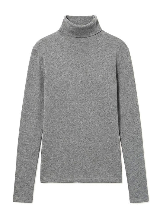 Damen Bluse Baumwoll Langärmelig Rollkragenpullover Grau