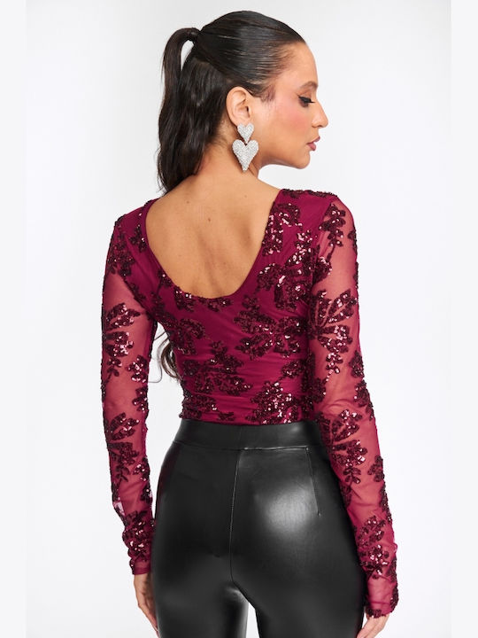 Bodysuit Pentru Femei See Through & Paiete Burgundy