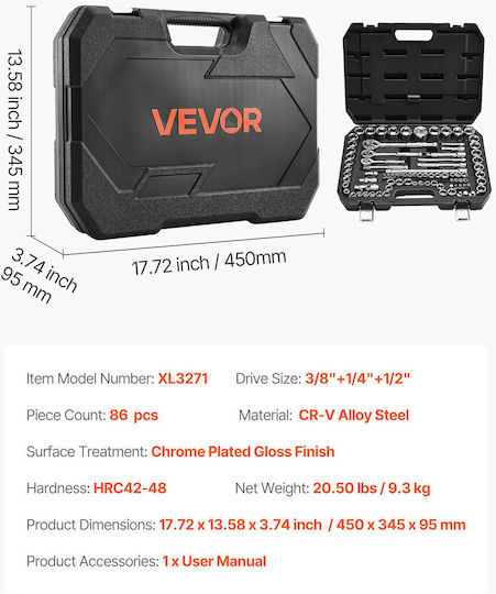 Vevor Socket Set 86 Pieces 9.5 & 6.4 & 12.7 mm Socket Driver SAE Metric Mechanic Tool Set Screwdriver Accessories Storage Case Alloy Steel Cr-v Car Repair