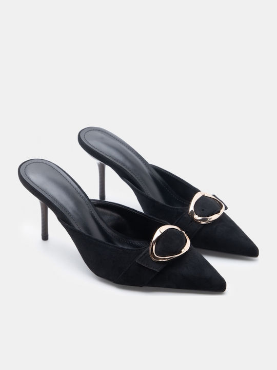 Suede Damen Pantoletten mit Hoch Absatz in Schwarz