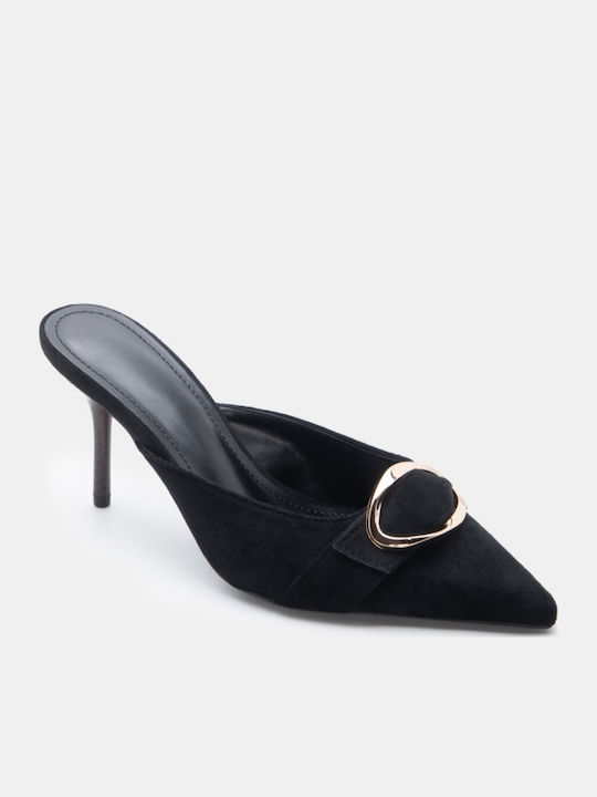 Suede Damen Pantoletten mit Hoch Absatz in Schwarz