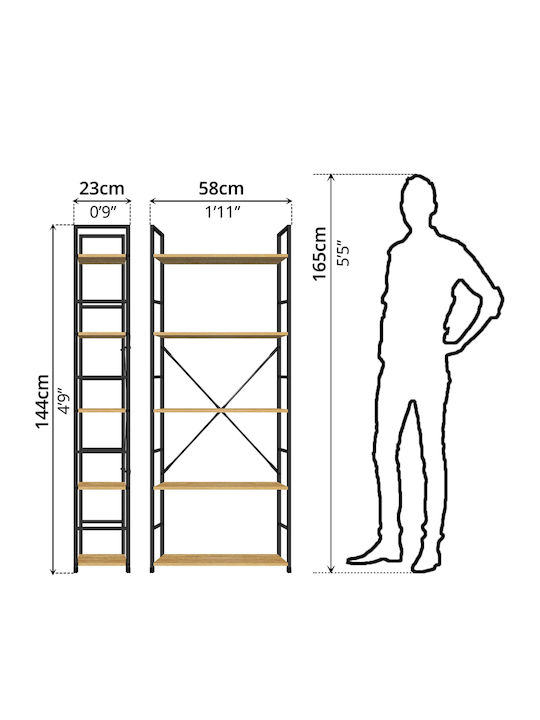Bookcase Artemis-60144 Oak 5 Shelves 58.6x23.5x144cm Black Metal Frame