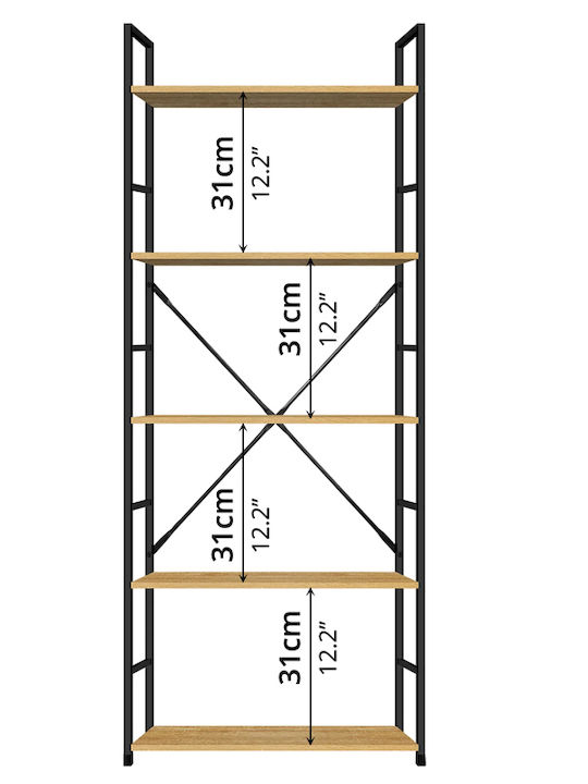 Bookcase Artemis-60144 Oak 5 Shelves 58.6x23.5x144cm Black Metal Frame
