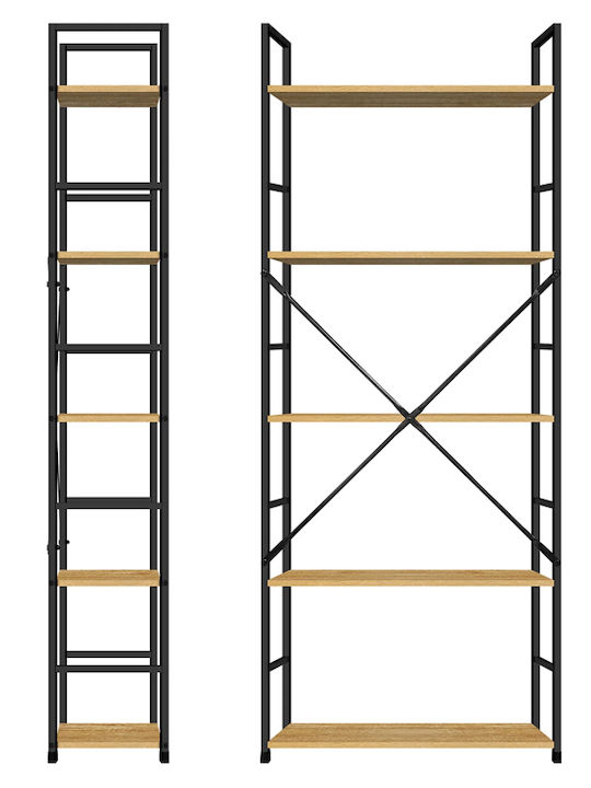 Bookcase Artemis-60144 Oak 5 Shelves 58.6x23.5x144cm Black Metal Frame