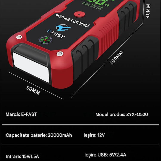 Q520 Pornitor Portabil pentru Baterie Auto și Motocicletă 2000A cu Power Bank / USB / Lanternă 12V
