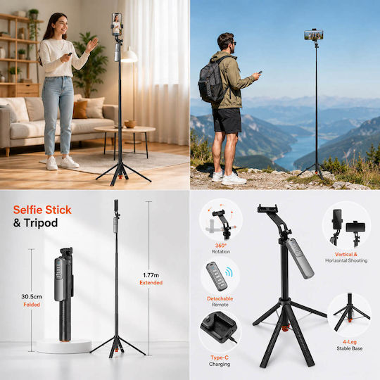 Selfie-Stick Tripod Abnehmbares Bluetooth-Fernbedienung 360° Drehung Länge Bis 177cm Schwarz T05 Tk