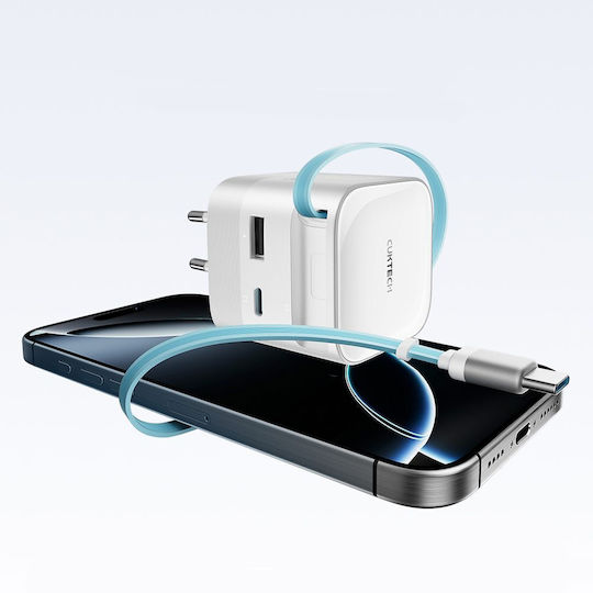 Cuktech Φορτιστής GaN με Θύρα USB-A και Θύρα USB-C και Καλώδιο USB-C 67W Λευκός (AD653W)