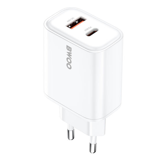 BWOO Зарядно без кабел с USB-A порт и USB-C порт 36W Power Delivery Бял (CDA207)