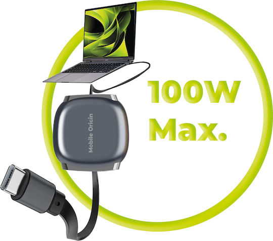 Mobile Origin Retractable USB 2.0 Cable USB-C Male - USB-C 100W Grey 0.25m MO-CB7-SPG
