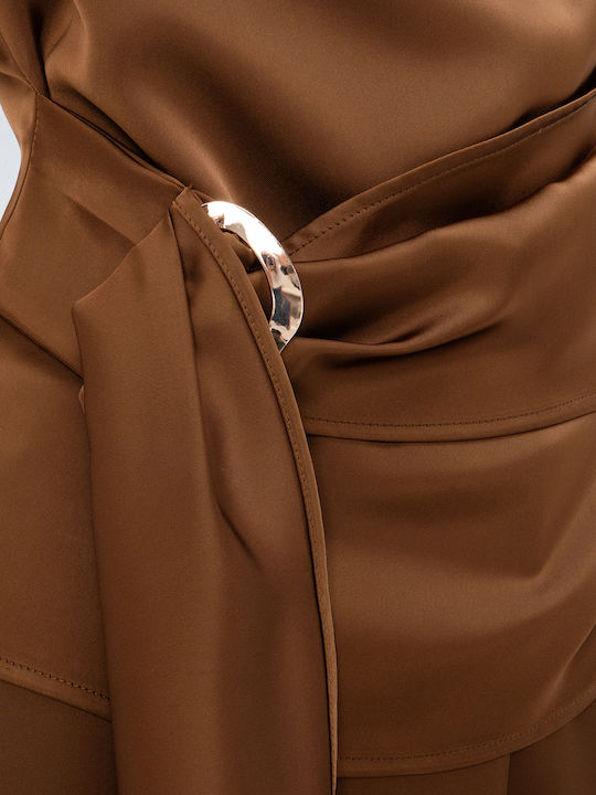 Damen Bluse Satin Drapierung Braun