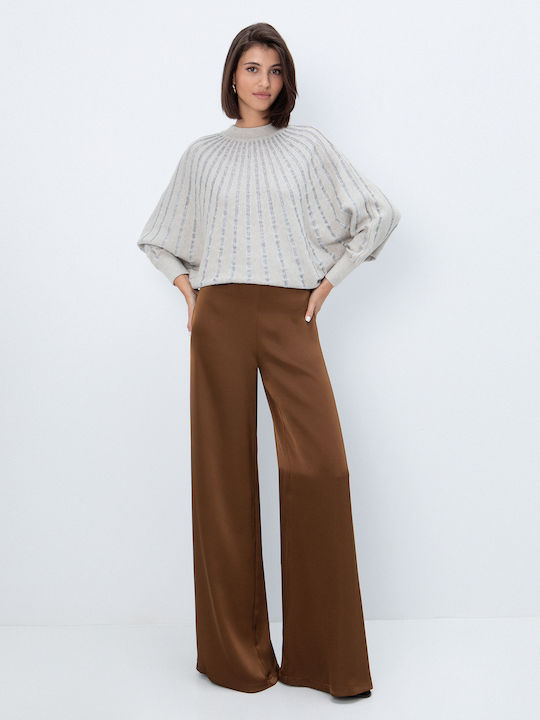 Damen Hochbund Satin Pantaloons mit Gummiband in Gerader Bein Stil Braun