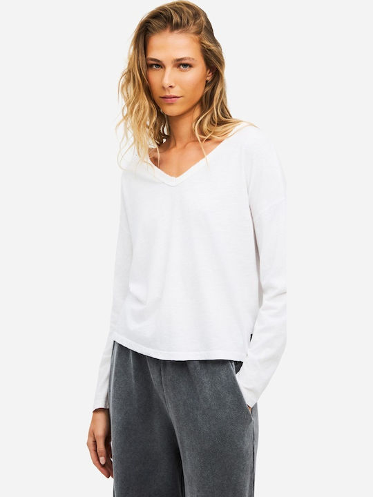 Women's Cotton Long Sleeve Top with V-Neck White