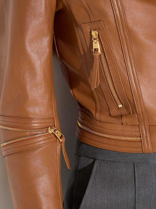 Leather Women's Biker Jacket Brown GD01Z66E2 FK3