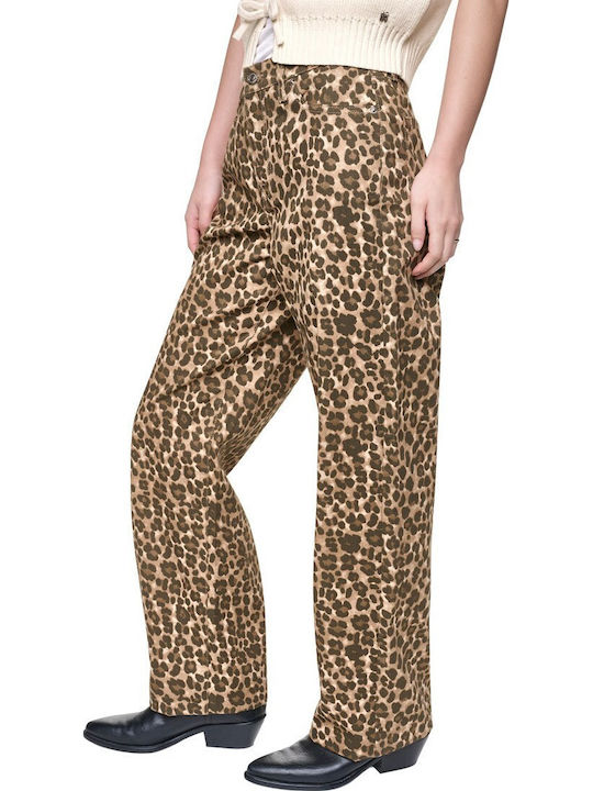 DKNY Γυναικείο Ψηλόμεσο Υφασμάτινο Παντελόνι Straight Λεοπάρ Ροζ