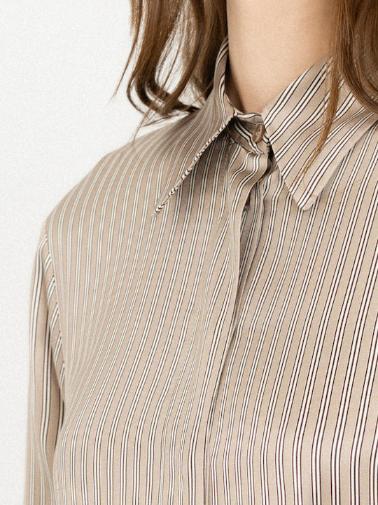 Damen Crop Top Satin Langärmelig Gestreift Beige