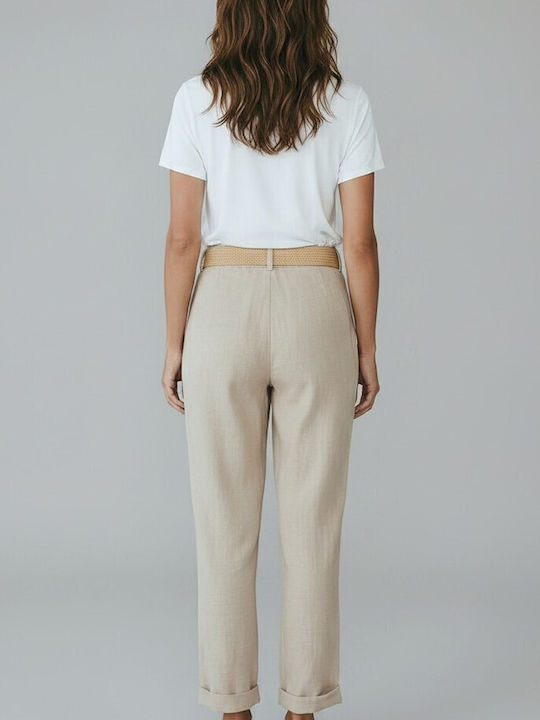 Women's Fabric Trousers with Rubber Band in Loose Fit Beige