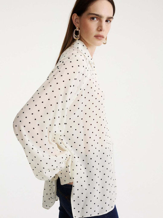 Long Sleeve Women's Silky Shirt White Polka Dot