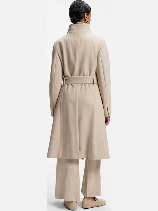 Wool Women's Light Beige Coat with Belt