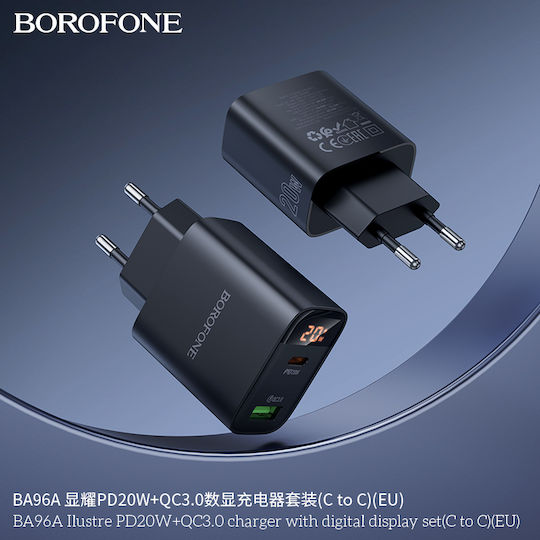 Borofone Mobile Phone Charger With USB-A Output Port And USB-C Output Port And USB-C - USB-C Cable 20W Power Delivery Quick Charge 3.0 Black (BA96A)