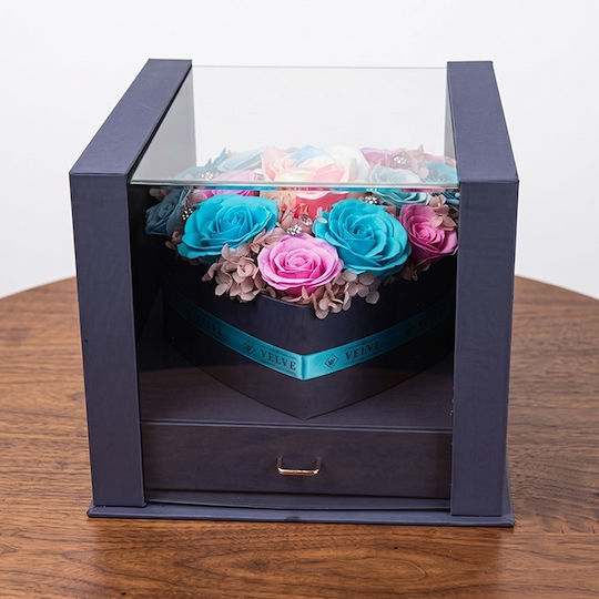 Set Premium 15 Trandafiri Săpun Hortensie Criogenată Bijuterii Cutie Inimă Sertar Plexiglas