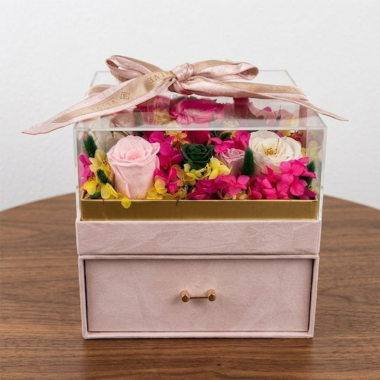 Set De Lux Premium 11 Trandafiri Criogenați Bijuterii Cristal Cutie Pătrată Catifea Roz Pudrat Sertar Plexiglas