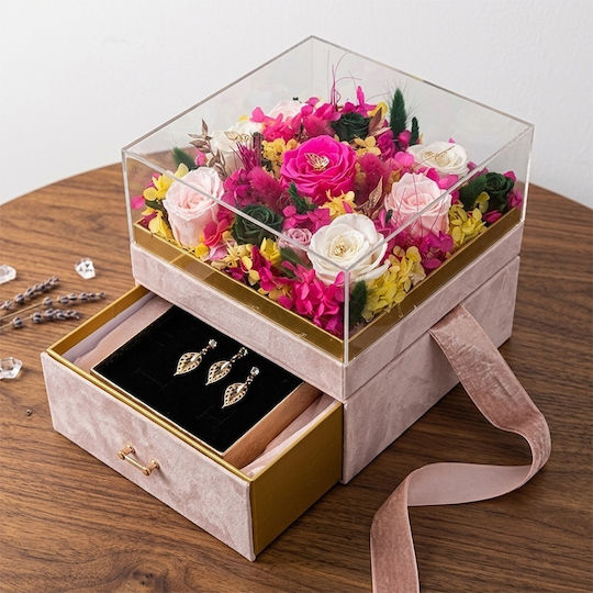 Set De Lux Premium 11 Trandafiri Criogenați Bijuterii Cristal Cutie Pătrată Catifea Roz Pudrat Sertar Plexiglas