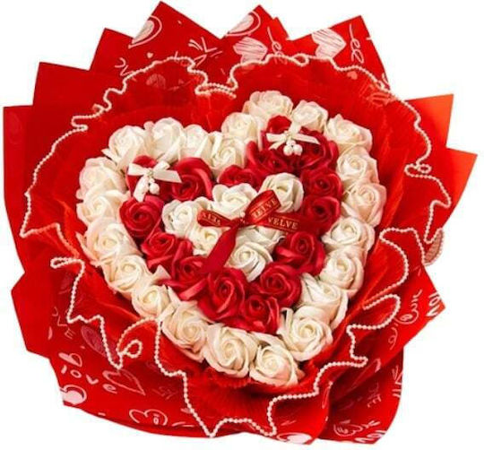 Buchet Floral De Săpun Trandafiri În Formă De Inimă Tulle Perle Înălțime 45 Cm Alb Roșu