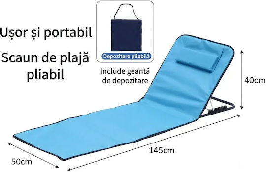 Blue Foldable Steel Beach Sunbed with Pillow 145x50cm