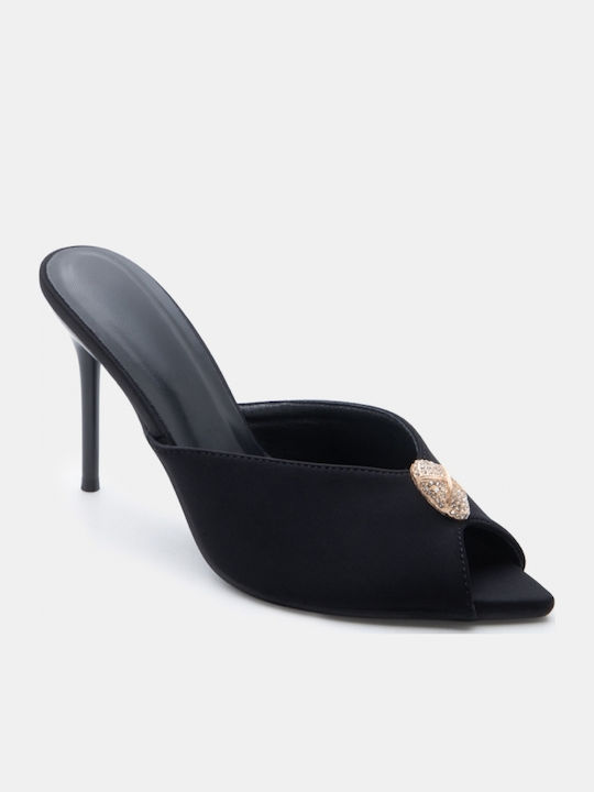 Satin Mules With High Heel In Black Colour