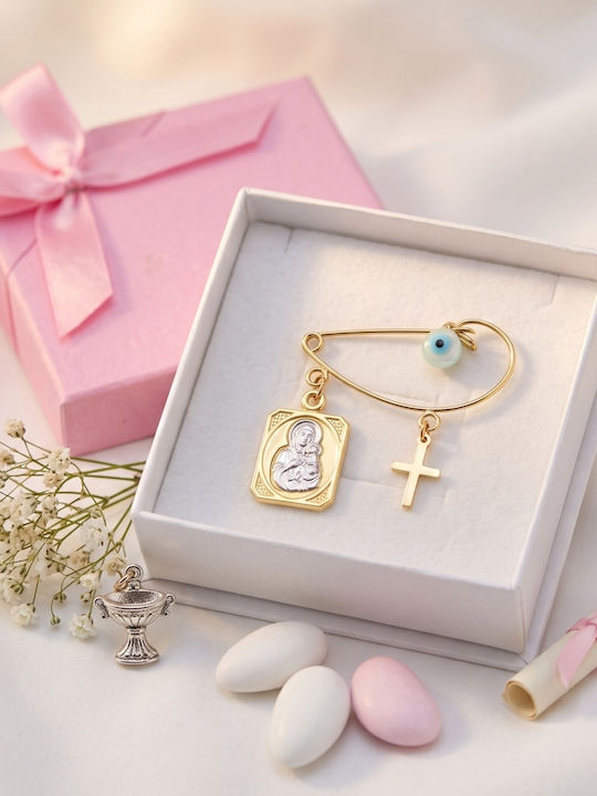 Kinder Sicherheitsnadel-Anhänger aus 9K Gold mit Kreuz