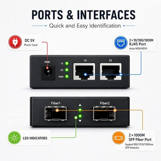 Qoltec Двунаправлен Етернет Медиен Конвертор Суич 2x RJ45 2x SFP 1000 Mb/s 5 V
