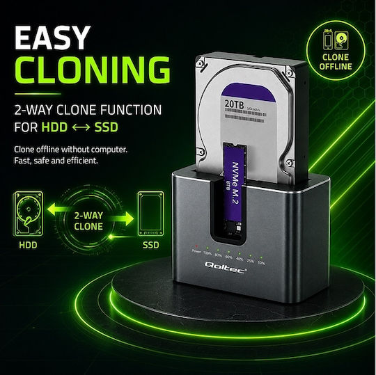 Qoltec 2-in-1 Docking Station Hdd Ssd Sata M.2 Nvme Cloning Usb-c 3.2 Gen 2 10 Gb S 28 Tb Aluminum